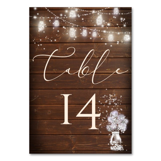 Rustic Mason Jar String Lights theBarefootBride™ Table Number (Front)