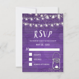 Rustic Mason Jar String Lights Violet Wedding RSVP Card