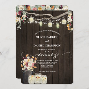 Rustic Mason Jar String Lights Watercolor Flowers  Invitation