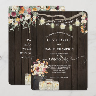 Rustic Mason Jar String Lights Watercolor Flowers  Invitation