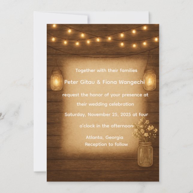 Rustic Mason Jar String Lights Wedding Invitation (Front)