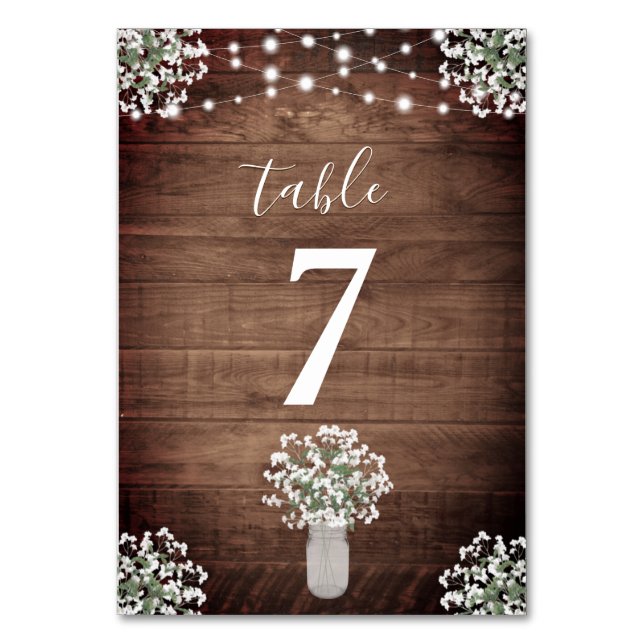Rustic Mason Jar & String Lights Wedding Table Number (Back)