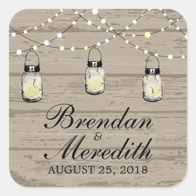 Rustic Mason Jar String of Lights Square Sticker (Front)