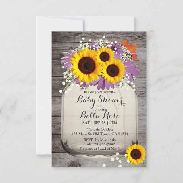 Rustic Mason Jar Sunflower Baby Shower Invitations (Front)