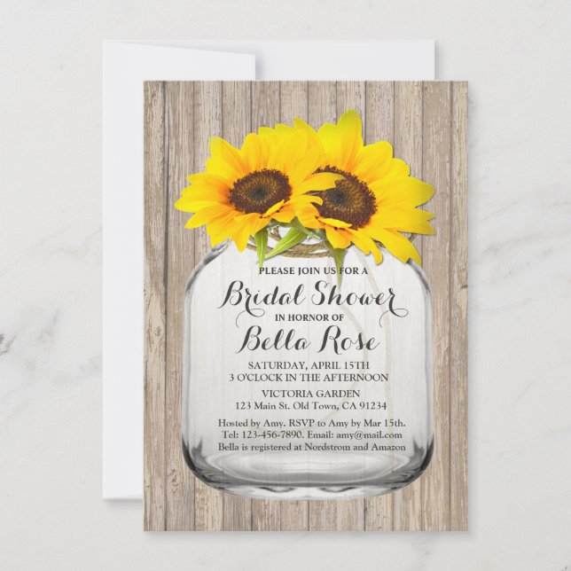 Rustic mason jar sunflower bridal shower sunflwr6 invitation (Front)