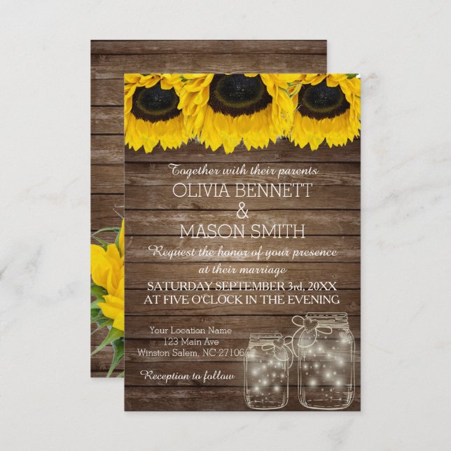 Rustic Mason Jar Sunflower Wedding Card (Front/Back)