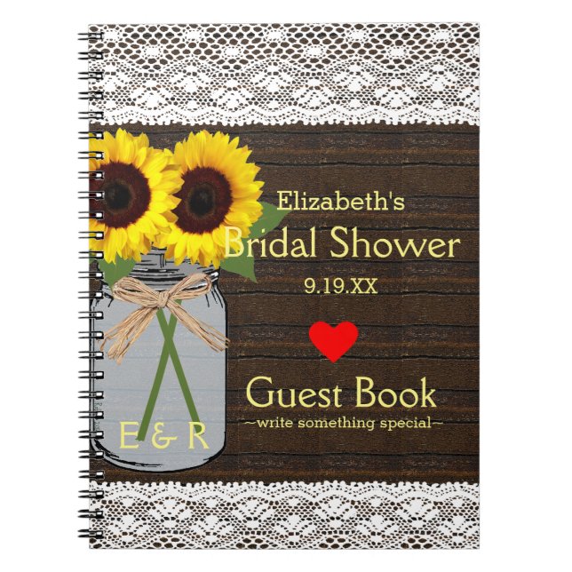 Rustic Mason Jar Sunflowers Shower Guest Book | (Front)