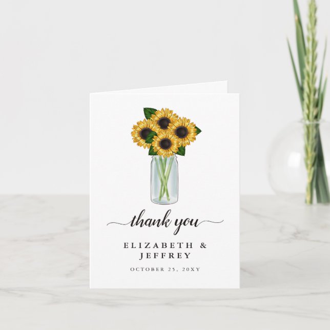 Rustic Mason Jar Sunflowers Thank You Card (Front)