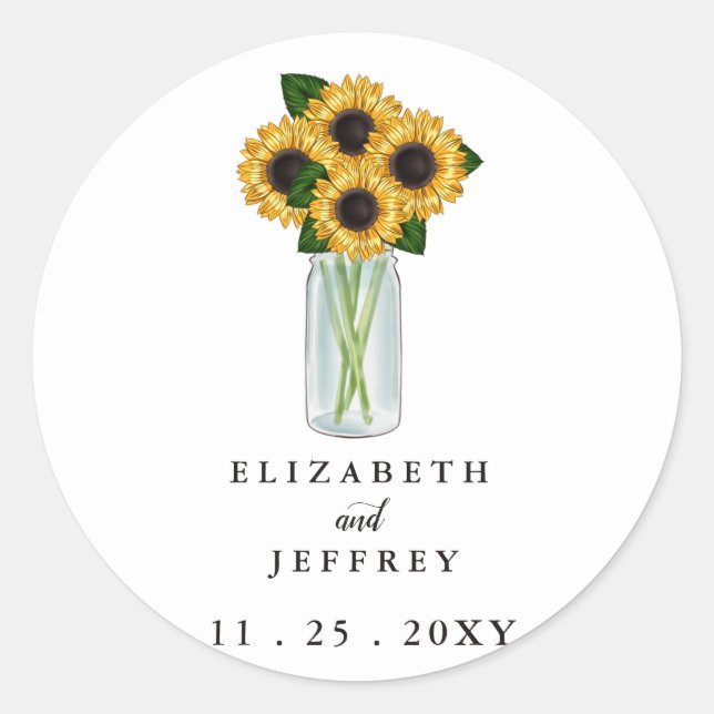 Rustic Mason Jar Sunflowers Wedding Classic Round Sticker (Front)