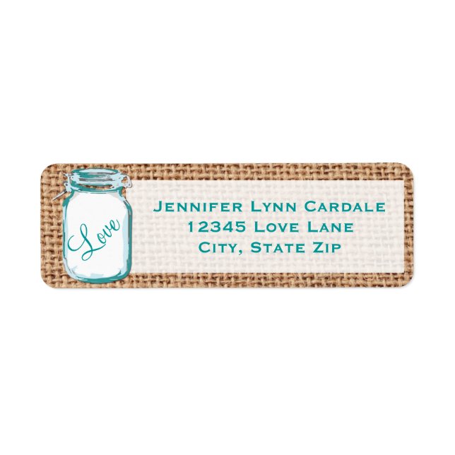 Rustic Mason Jar Teal Burlap Wedding Address Label (Front)