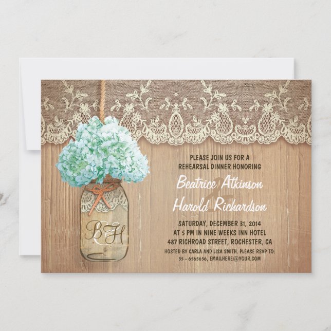 rustic mason jar teal hydrangea rehearsal dinner invitation (Front)