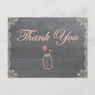 Rustic Mason Jar Thank You Coral postcards