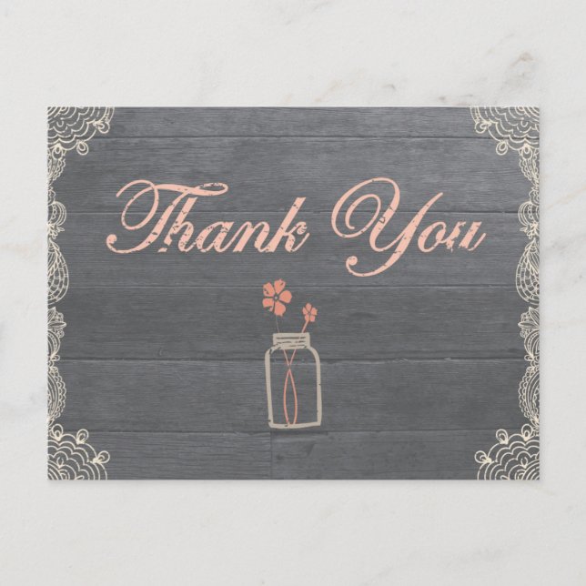 Rustic Mason Jar Thank You Coral postcards (Front)