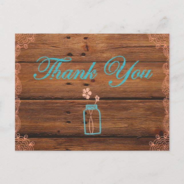 Rustic Mason Jar Thank you postcards peach teal (Front)