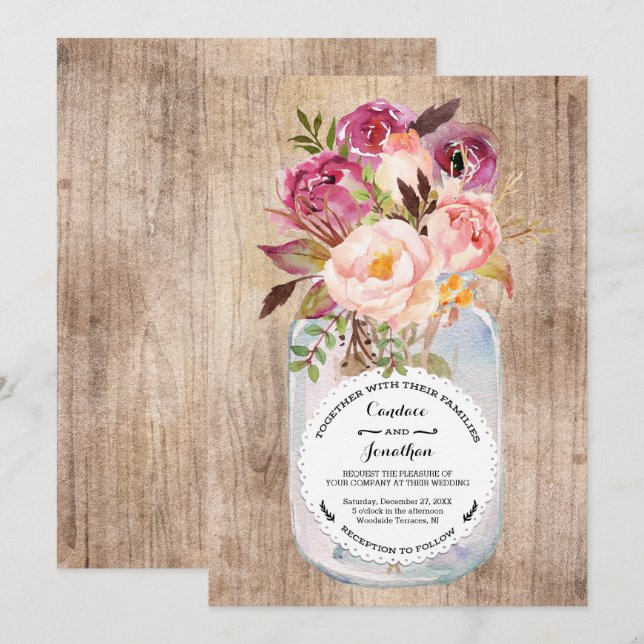 Rustic Mason Jar Watercolor Flowers Wood Wedding Invitation (Front/Back)
