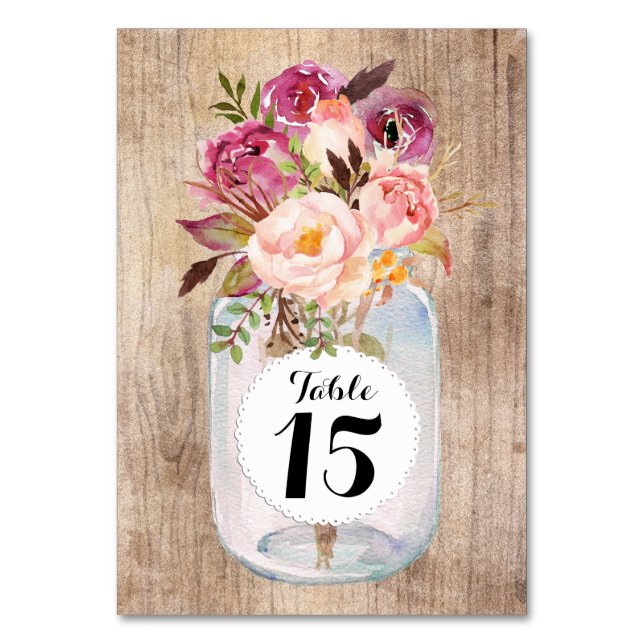 Rustic Mason Jar Watercolor Flowers Wood Wedding Table Number (Front)