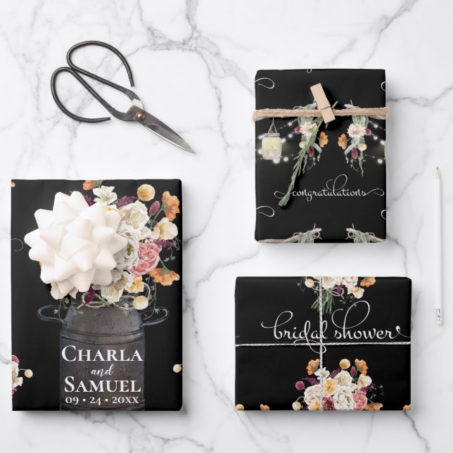 Rustic Mason Jar Watercolor Pesonalized Wedding Wrapping Paper Sheet (Front)