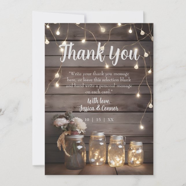 Rustic Mason Jar Wedding Wood Barn Background Thank You Card (Front)