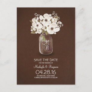 rustic mason jar white flowers save the date announcement postcard