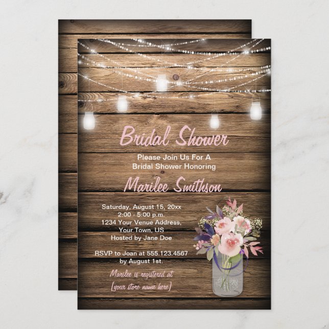 Rustic Mason Jar Wildflowers Barn Bridal Shower Invitation (Front/Back)