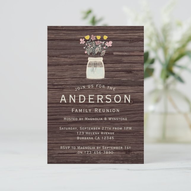  Rustic Mason Jar Wildflowers Family Reunion Invitation (Standing Front)