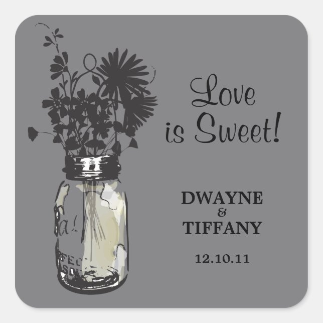 Rustic Mason Jar & Wildflowers Square Sticker (Front)