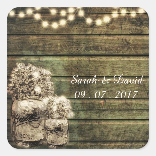 Rustic Mason Jar with Babies Breath Wedding Square Sticker (Front)