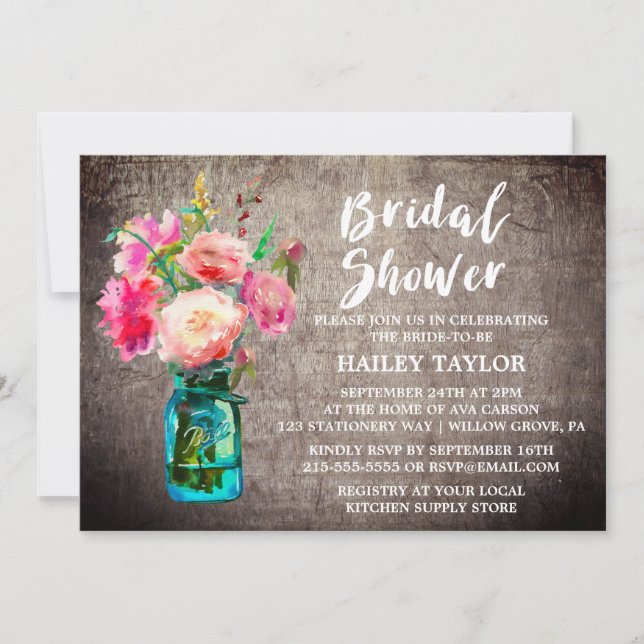 Rustic Mason Jar with Flower Bouquet Bridal Shower Invitation (Front)