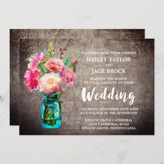 Rustic Mason Jar with Flower Bouquet Wedding Invitation (Front/Back)