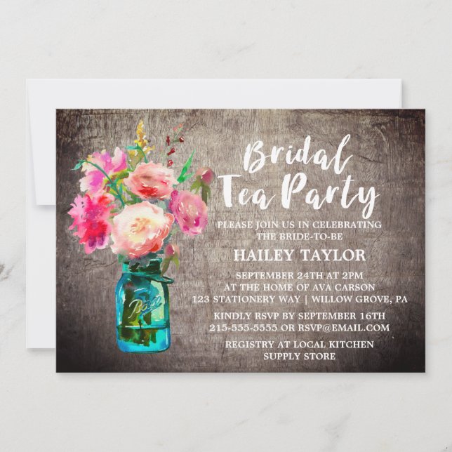 Rustic Mason Jar with Flowers Bridal Tea Party Invitation (Front)