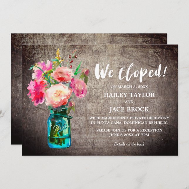 Rustic Mason Jar with Flowers Elopement Reception Invitation (Front/Back)
