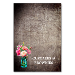 Rustic Mason Jar with Flowers Food Tent Cards