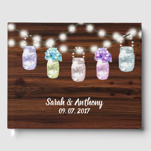 Rustic Mason Jar with Lights Wedding Guest Book (Front)