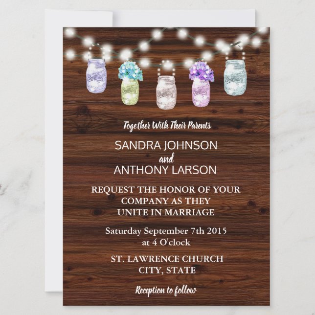 Rustic Mason Jar With Lights Wedding Invitation (Front)