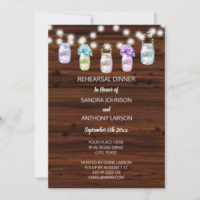 Rustic Mason Jar With Lights Wedding Rehearsal Invitation (Front)