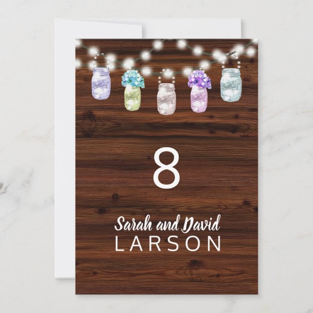 Rustic Mason Jar With Lights Wedding Table Numbers (Front)