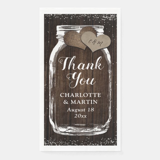 Rustic Mason Jar Wood Burlap Thank You Wedding Napkin (Front)