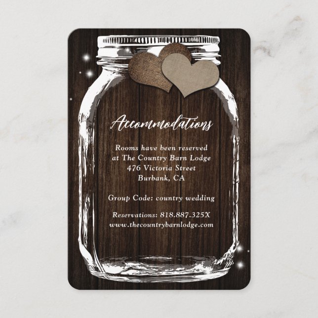 Rustic Mason Jar Wood Hearts Accommodation Card (Front)