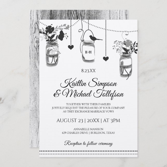 Rustic Mason Jar Wood Kraft Wedding Invitations (Front/Back)