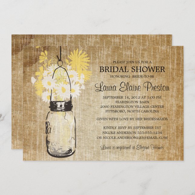 Rustic Mason Jar Yellow Floral Bridal Shower Invitation (Front/Back)
