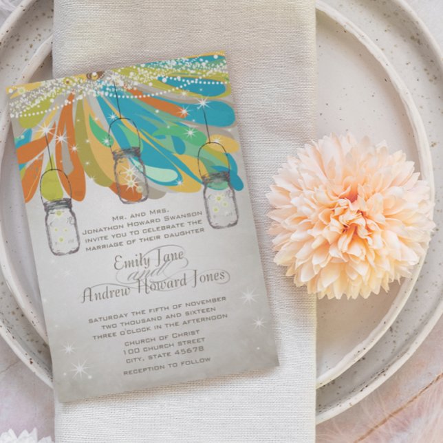 Rustic Mason Jar Yellow Orange Turquoise Fairytale Invitation (Creator Uploaded)