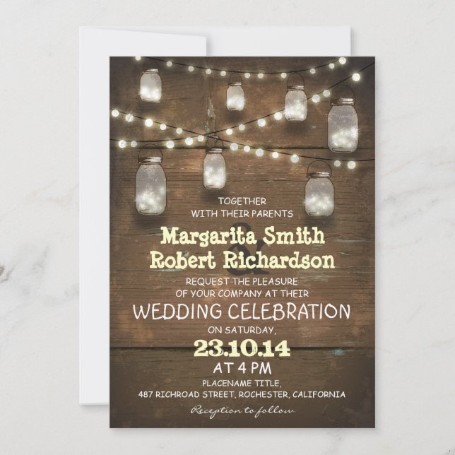 rustic mason jars and light wedding invitations (Front)