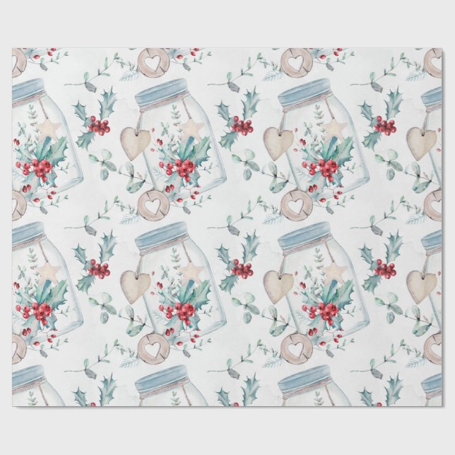 Rustic Mason Jars Holly Hearts Christmas  Wrapping Paper (Flat)