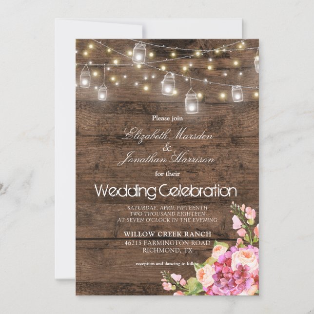 Rustic Mason Jars Lights Blush Floral Wedding Invitation (Front)