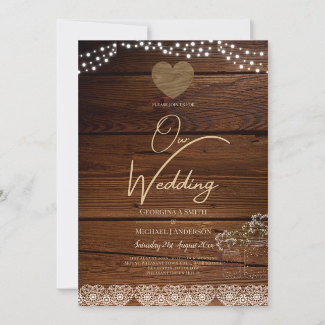 Rustic Mason Jars Lights Lace Gypsophilia WEDDING Invitation (Front)