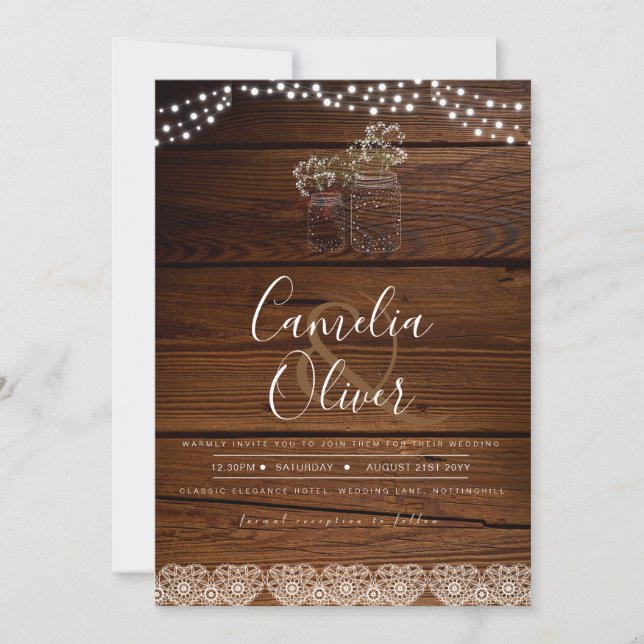Rustic Mason Jars Lights Lace Gypsophilia WEDDING Invitation (Front)