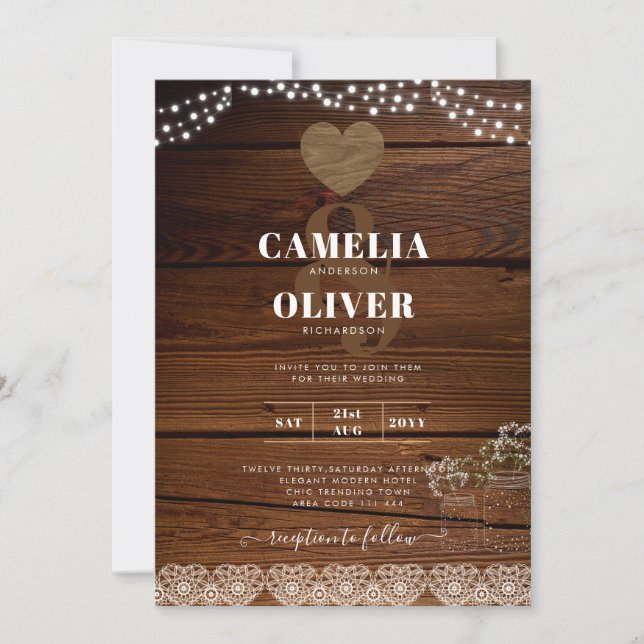 Rustic Mason Jars Lights Lace Gypsophilia WEDDING Invitation (Front)