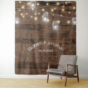 Rustic Mason Jars & Lights Wedding Photo Backdrop Tapestry