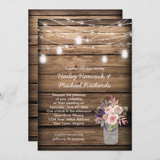 Rustic Mason Jars Lights Wildflowers Barn Wedding Invitation (Front/Back)