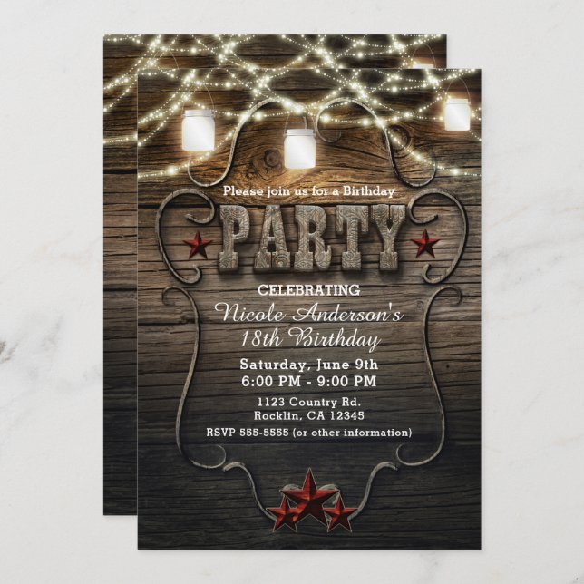 Rustic Mason Jars, Lights & Wood Birthday PARTY Invitation (Front/Back)